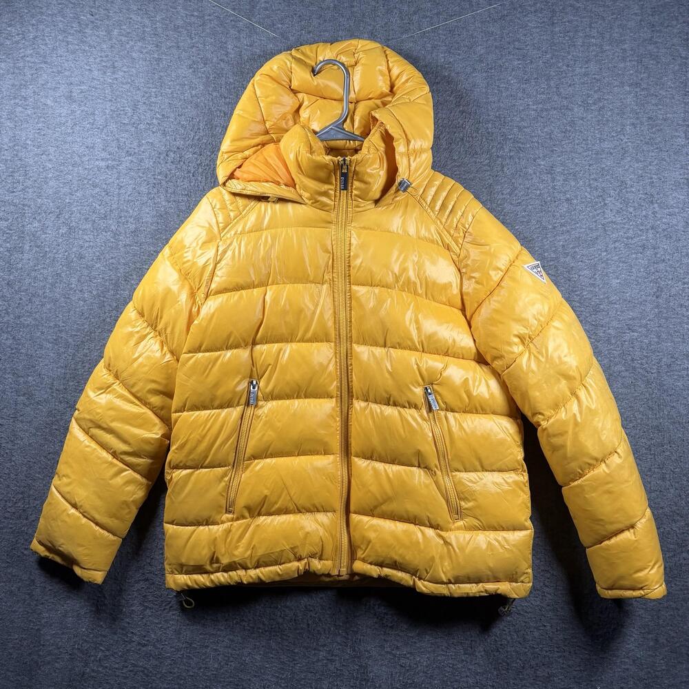 GUESS Jacket Womens Large Yellow Hooded Puffer Quilted Zip Insulated Winter